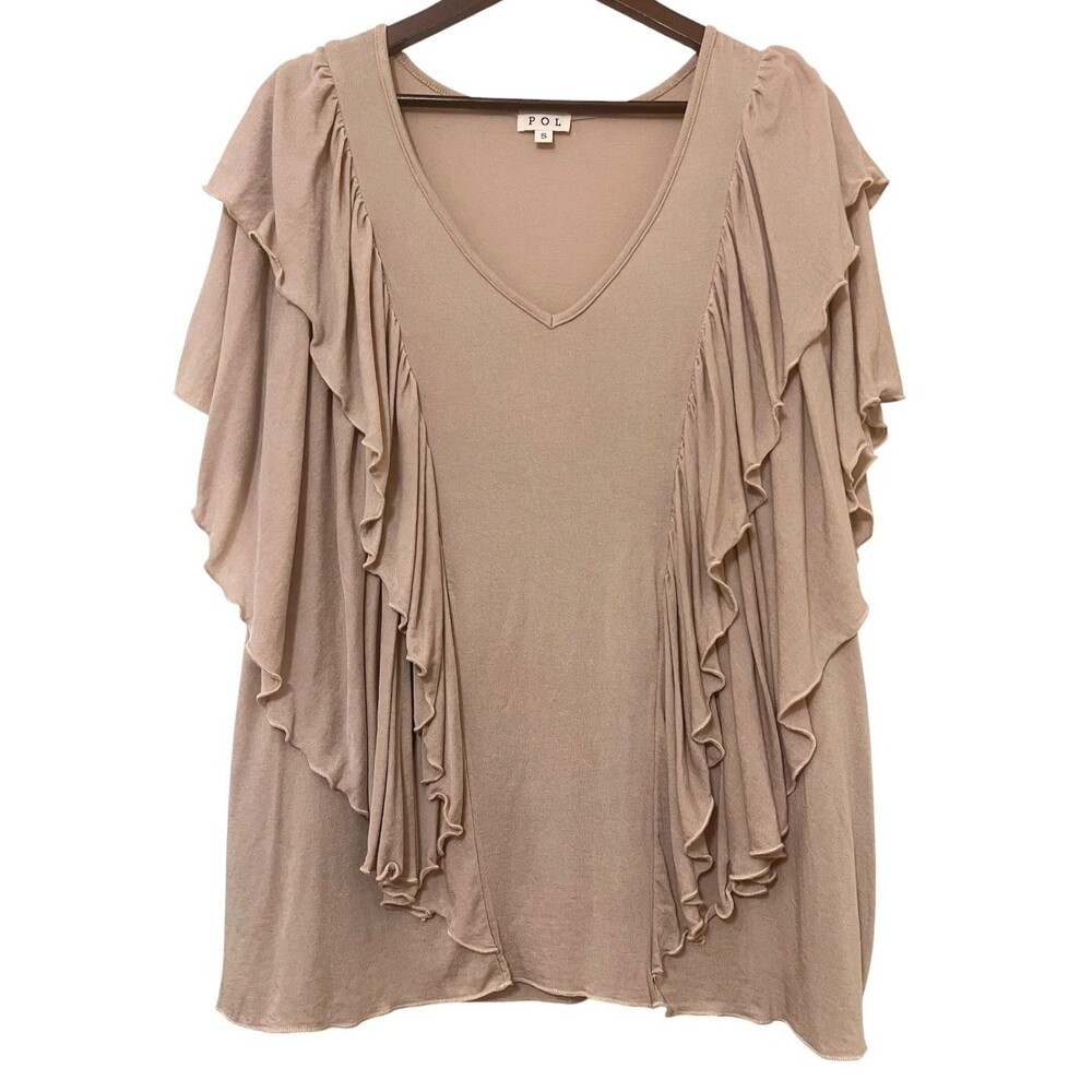 POL Khaki Tan Sleeveless Ruffle V-Neck Blouse Relaxed Flowy Boho Beach Women's S